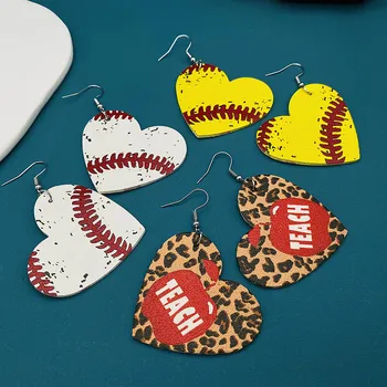 Baseball Ljubavi Srce Kožne Naušnice Leopard Obostrani Ispis PU Uho za Žene Poklon za Valentinovo